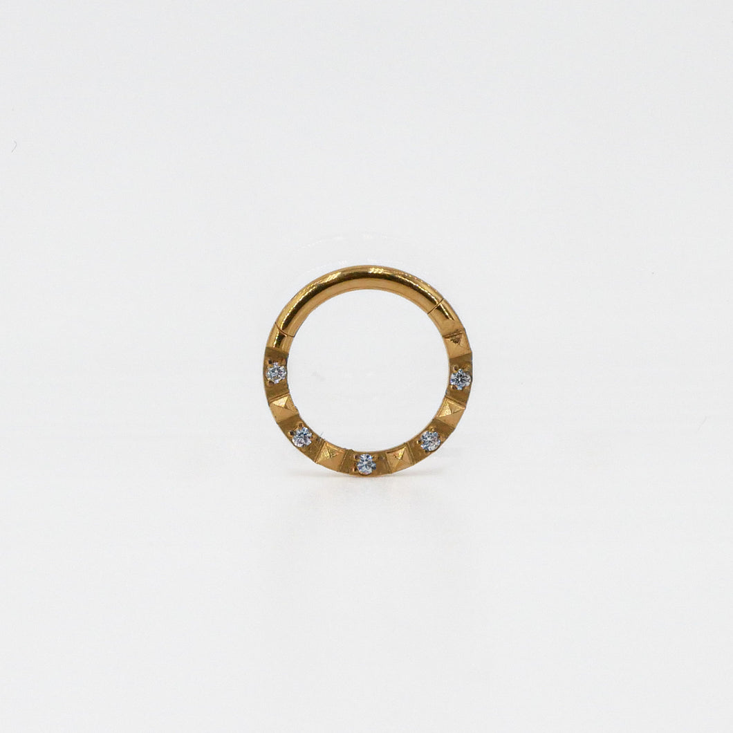 Product picture textured gold piercing clicker white zirconia stones 16 gauge titanium