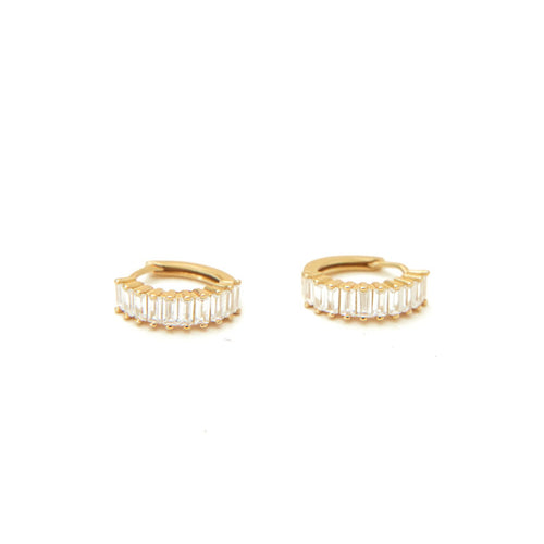  Small clicker baguette huggie earring 18K gold plated 925 sterling silver white cubic zirconia stones Lumen High