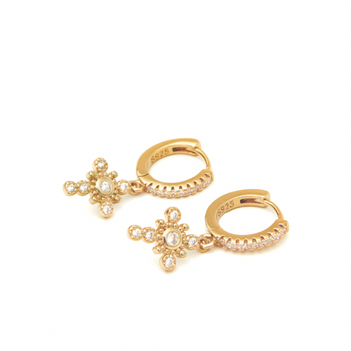 Product picture cross huggie earring gold plated sterling silver S925 white zirconia stones