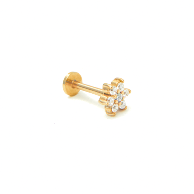 Product picture gold labret piercing flower white zirconia stones 16 gauge stainless steel