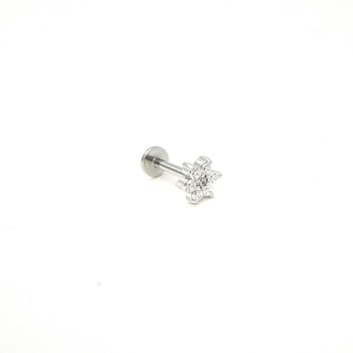 Product picture silver labret piercing flower white zirconia stones 16 gauge stainless steel